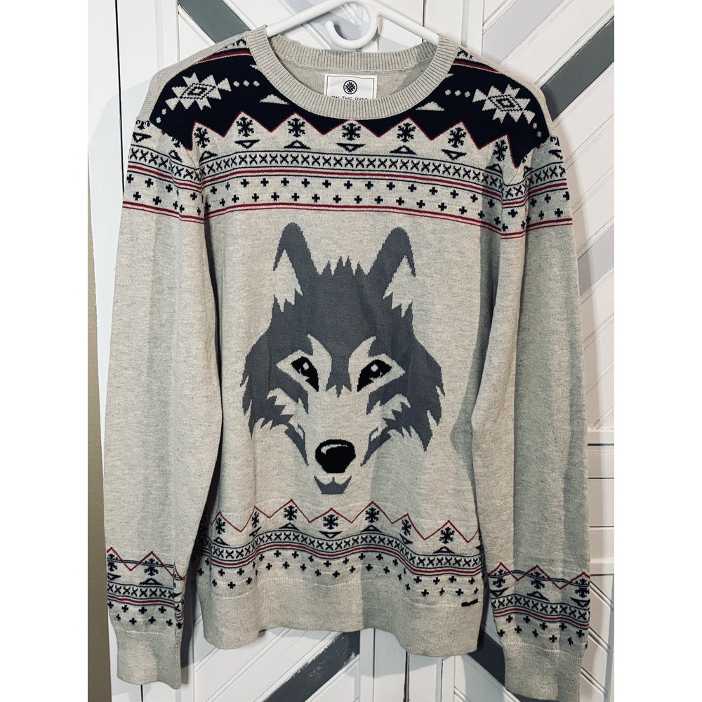 On The Byas Mens Small Gray Navy Red Fair Isle Holiday Graphic Wolf Knit Sweater - Picture 3 of 14